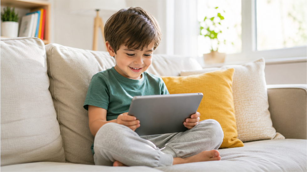 Criança assistindo a um conteúdo educativo no tablet