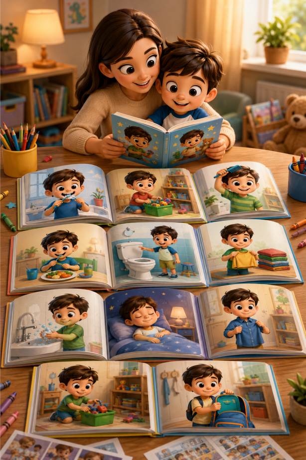 Mãe e criança aprendendo juntas com livros ilustrados