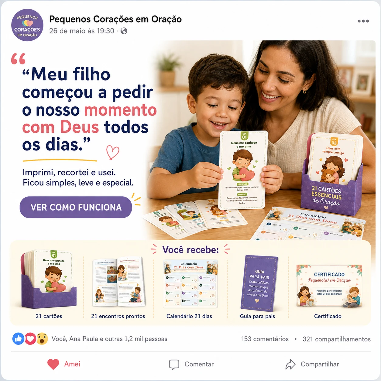 Mãe e criança usando os cards de oração